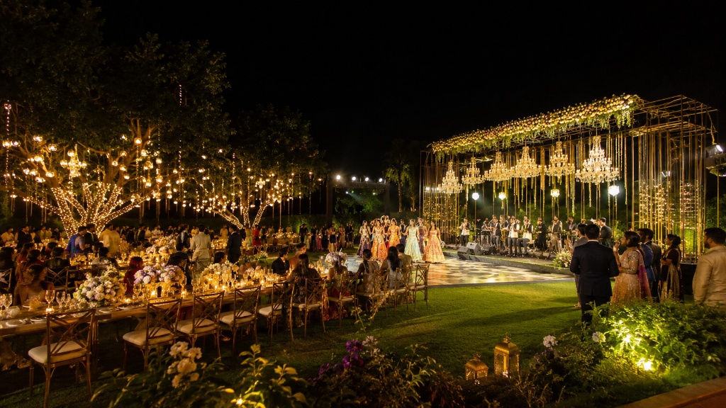 Grand outdoor evening wedding celebration at Forest Hill Resort