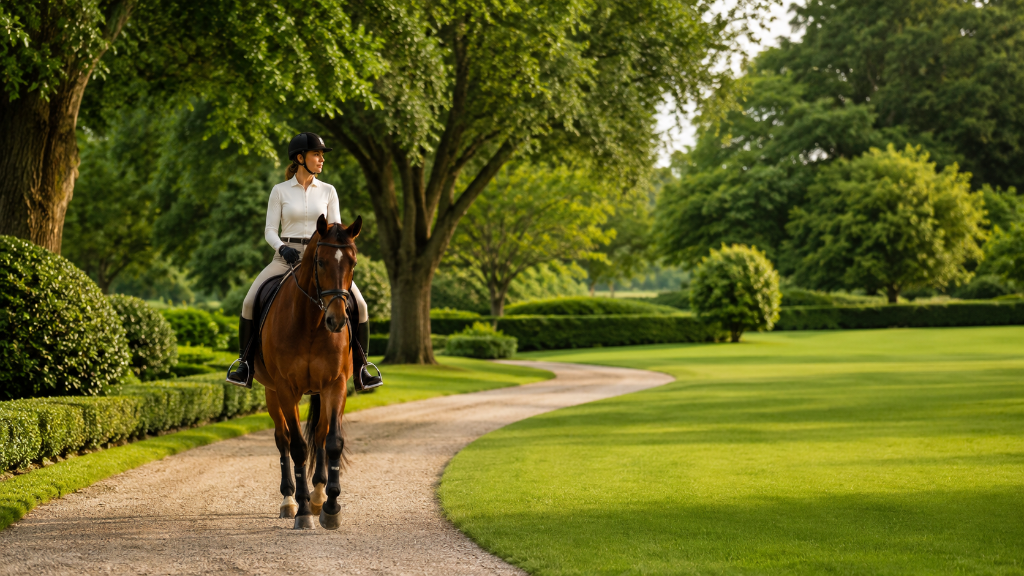 Horse riding through a manicured garden path at Forest Hill Resort