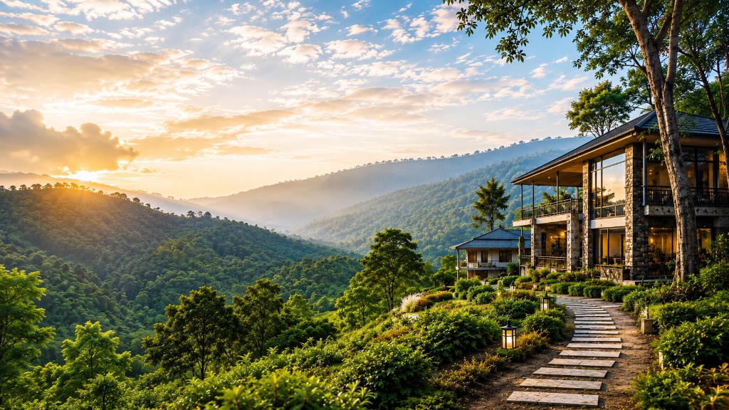 Forest Hill Resort luxury cottage amidst lush hillside at sunrise